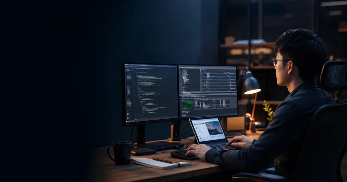 Software developer comparing the best Chinese AI coding agents on dual monitors