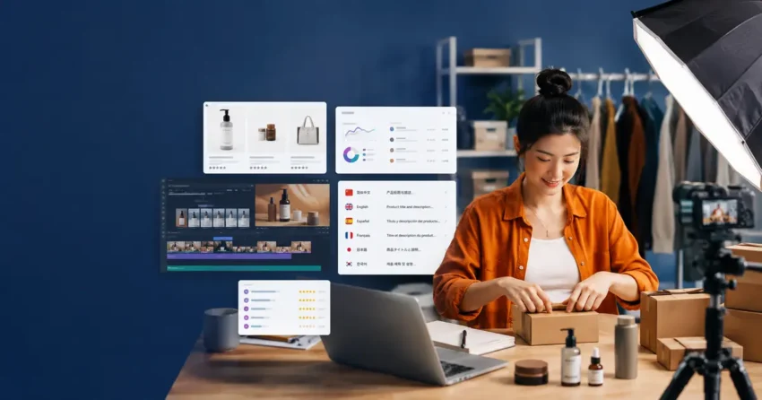 E-commerce seller preparing products while using Chinese AI tools for sourcing and marketing