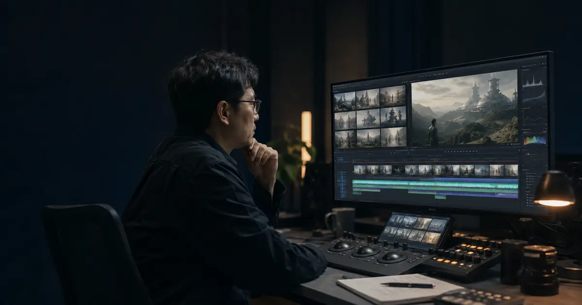Video editor comparing the best Chinese AI video generators at a professional workstation