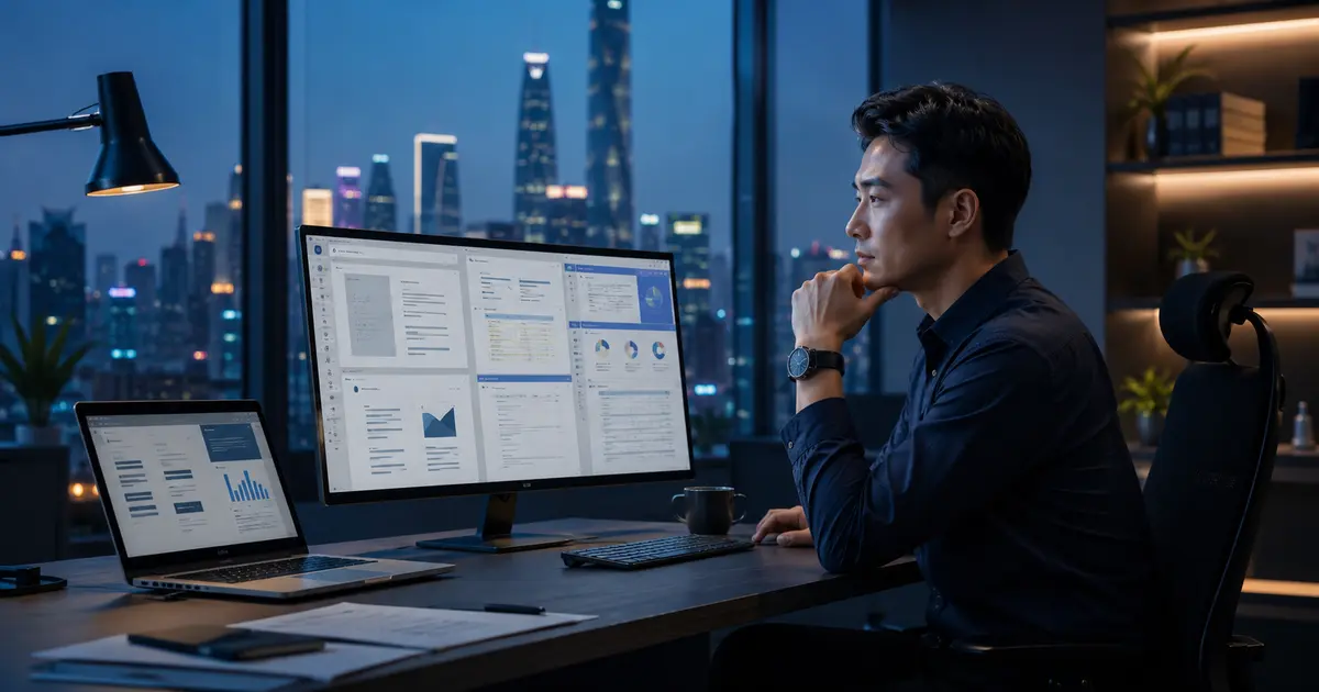Professional comparing the best Chinese AI workplace agents in a modern Shanghai office