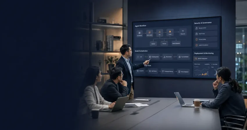 Enterprise team reviewing an AI agent workflow, security and analytics dashboard